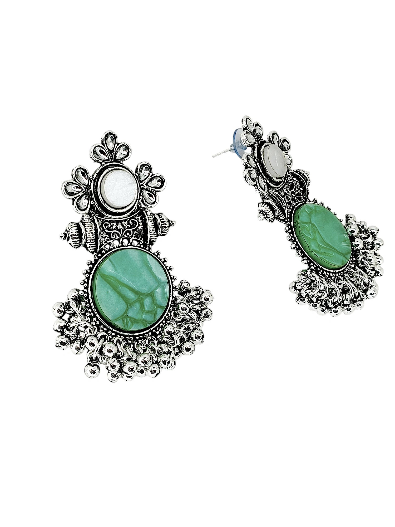 Green Silver Oxidized Drop Earrings